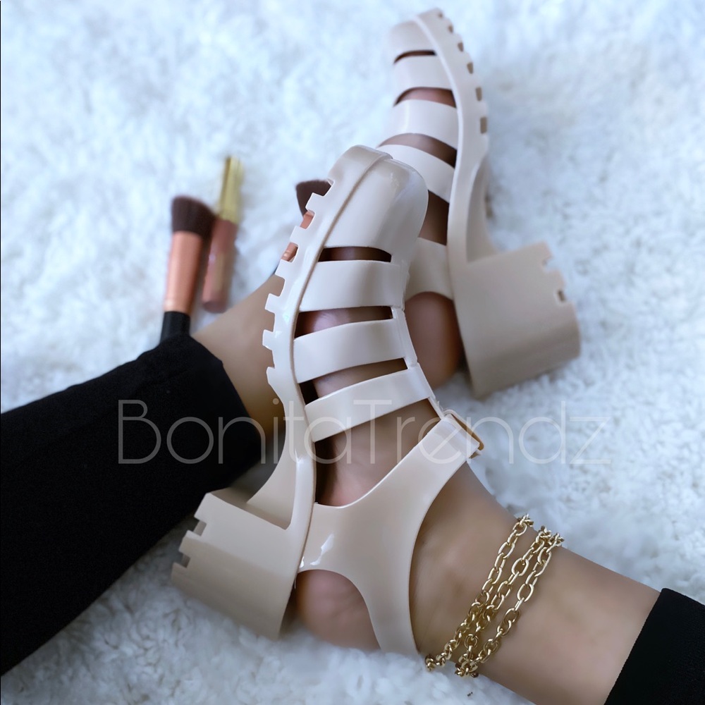 Beige Caged Gladiator Jelly PVC Chunky Sandals